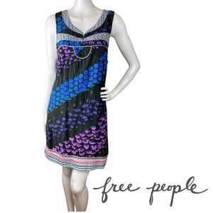Free People Black Floral Mini Dress with Blue and Purple Accents
